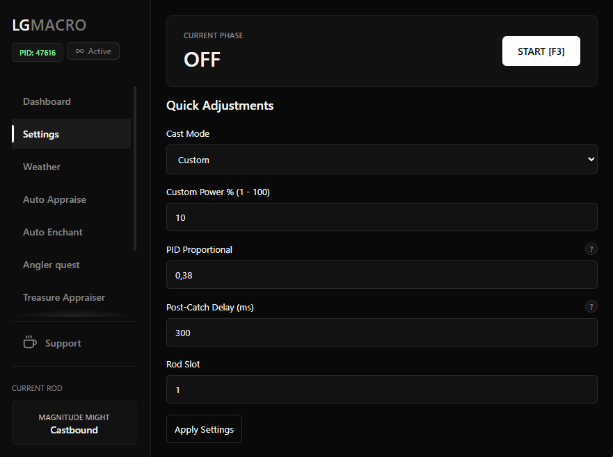Settings panel